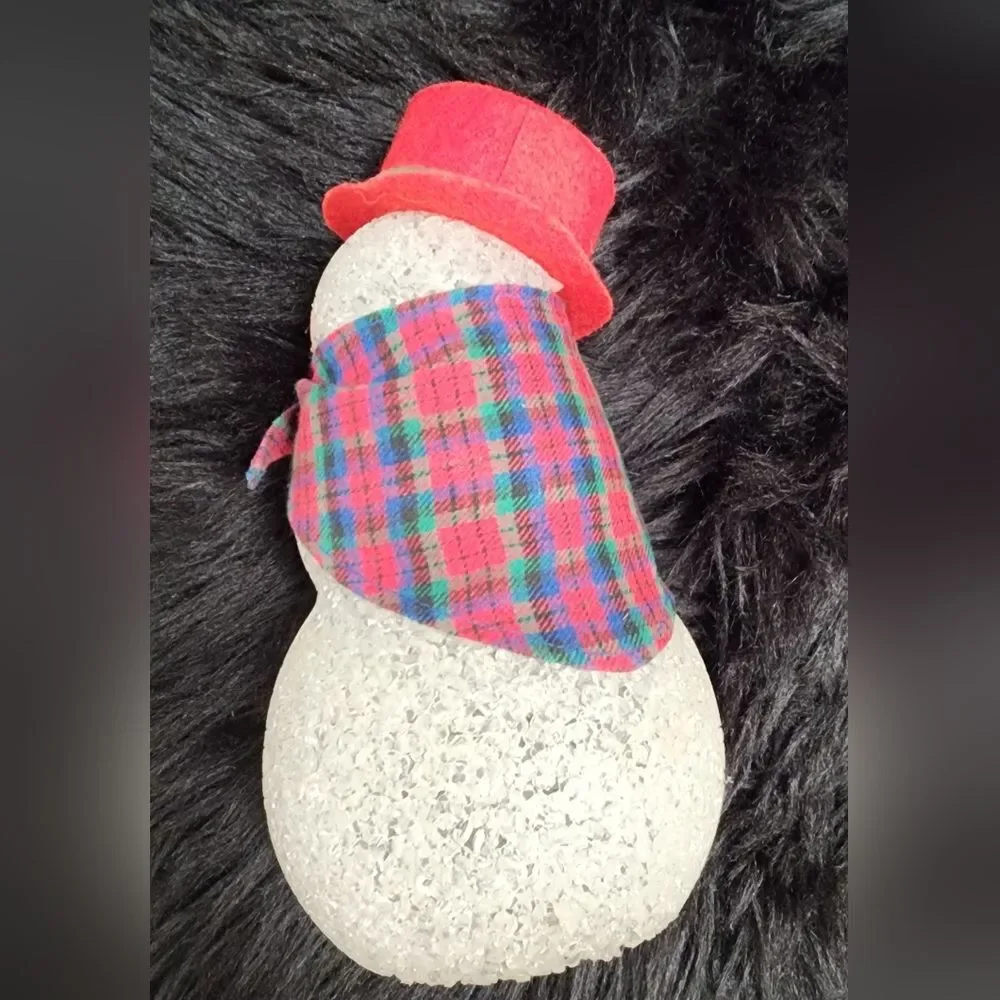 Vintage Christmas Melted Plastic Popcorn Snowman Felt Hat, Fabric Scarf
